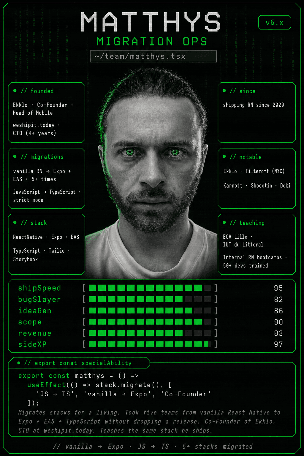 Matthys Ducrocq, Head of Mobile · Co-Founder at useffect.sh — specialties: React Native, Expo, EAS, TypeScript migrations, Twilio video