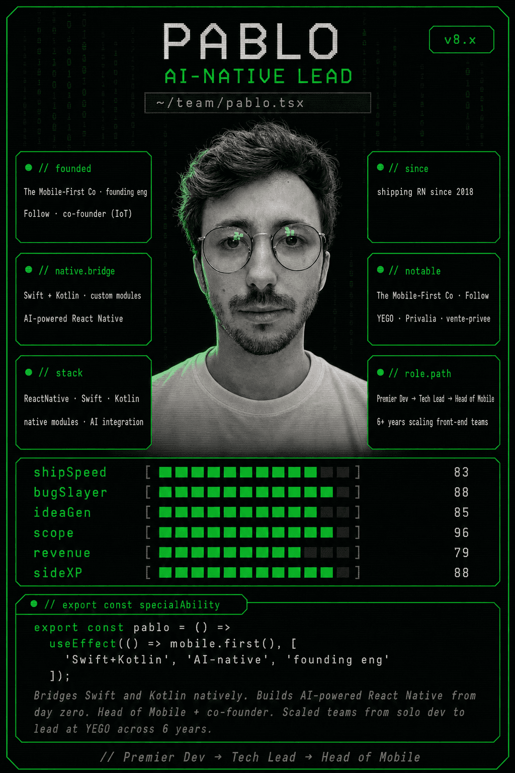 Pablo Giraud-Carrier, Head of Mobile · Founding Engineer at useffect.sh — specialties: React Native, Swift, Kotlin, native modules, AI integration